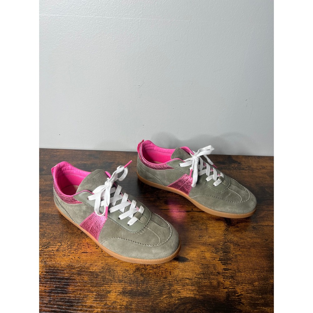 Boden Erin Retro Tennis Trainers Olive Green Suede Pink Metallic Sneakers EU 40 - Picture 4 of 8